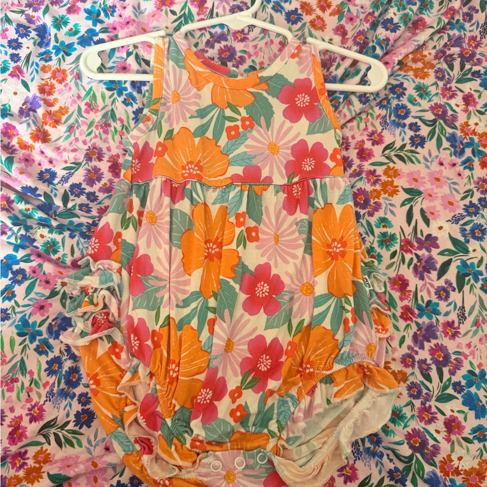 Little Sleepies Floral Ruffle One-Piece in Orange, Pink, Green